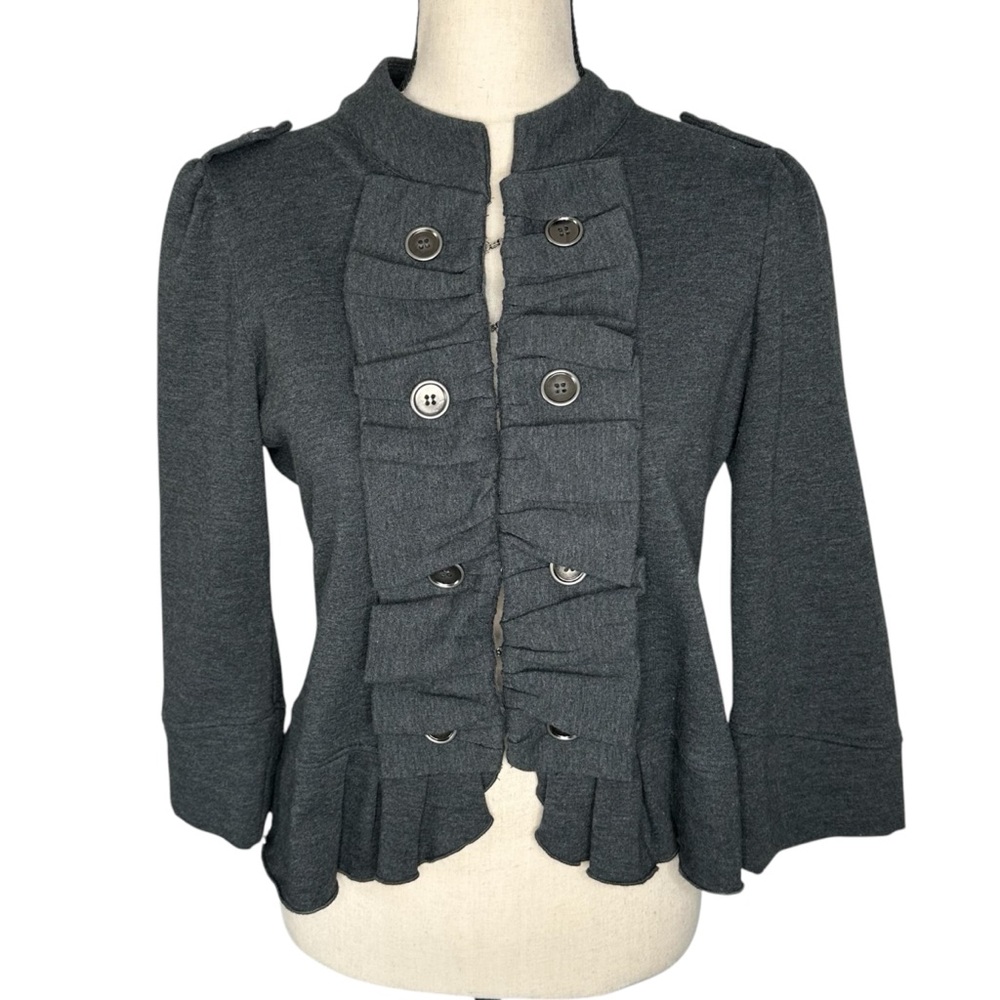 SERENADE Ruffle Military Jacket Women's Medium Heather Gray 3/4 Sleeve